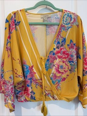Flying Tomato Mustard Floral Wrap Top with Pink & Blue Accents